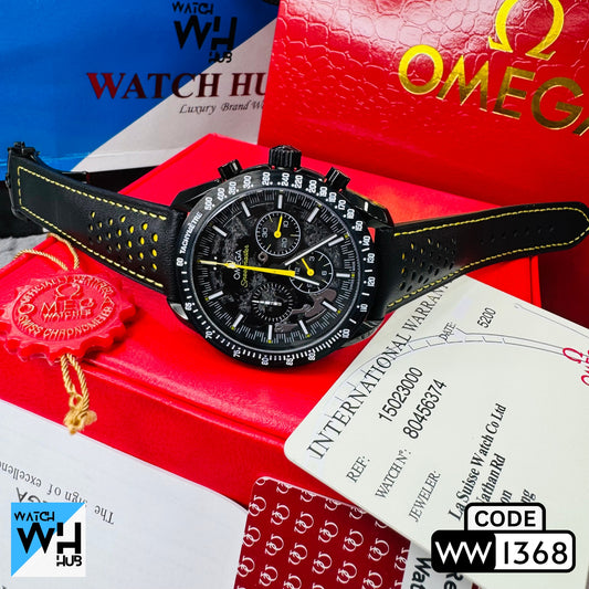 Omega Speedmaster Dark Side of The Moon Quartz Chronograph Stainless Steel Leather Strap Men's Watch