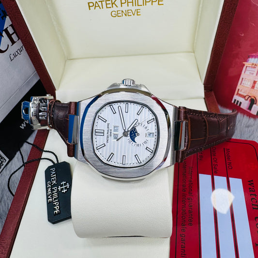 Patek Philippe Nautilus 8168 Automatic Moon-Phase Dial Stainless Steel Genuine Leather Men's Watch
