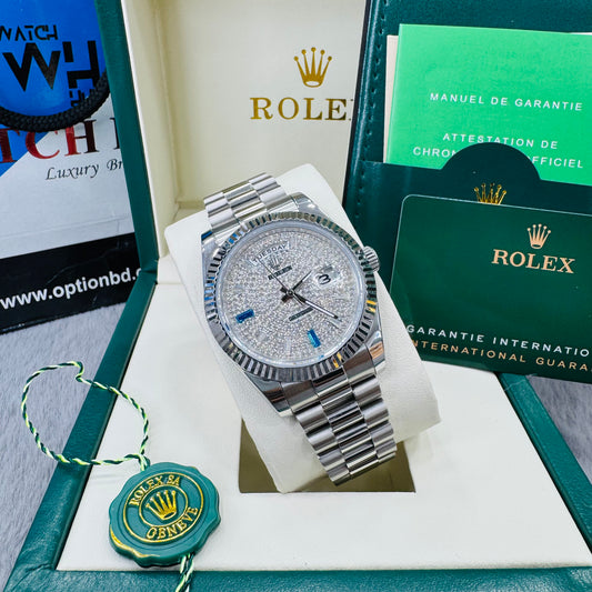 Rolex Day-Date Pave Diamond Dial Automatic Stainless Steel President Chain Men’s Watch