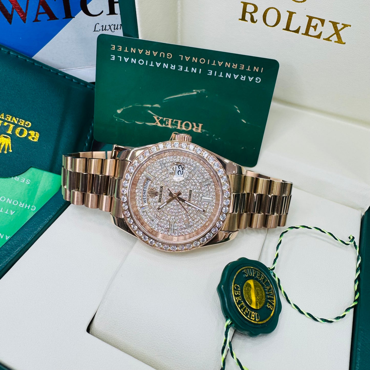 Rolex Day-Date Diamond-Paved Dial Automatic Stainless Steel Rose Gold President Chain Men’s Watch