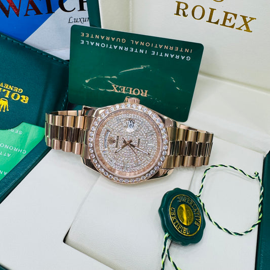 Rolex Day-Date Diamond-Paved Dial Automatic Stainless Steel Rose Gold President Chain Men’s Watch