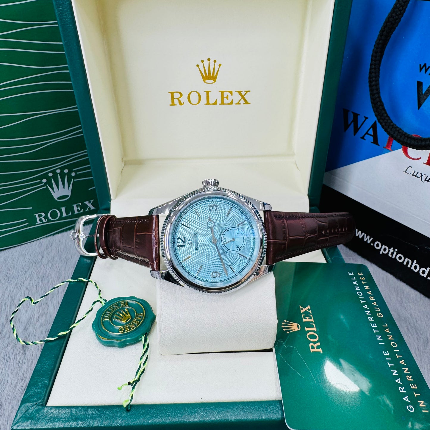 Rolex 1908 Perpetual Ice Blue Guilloché Rice-Grain Motif Dial Automatic Stainless Steel Leather Strap Men’s Watch