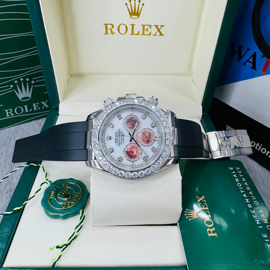 Rolex Daytona Mother Of Pearl Panda Dial Automatic Stainless Steel Silicone Strap Men’s Watch
