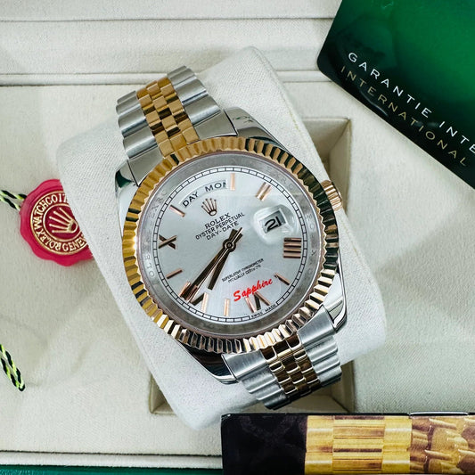 Rolex Day-Date Dual Tone With White Dial Oyster Perpetual Automatic Stainless Steel Chain Men’s Watch