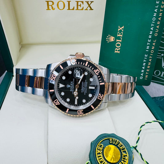 Rolex Submariner Date Rose Gold & Silver Automatic Stainless Steel Black Dial Men’s Chain Watch