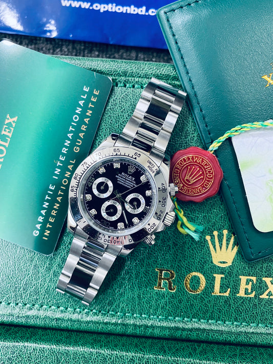 Rolex Daytona Black Dial With Stone Oyster Perpetual Automatic Stainless Steel Chain Men’s Watch