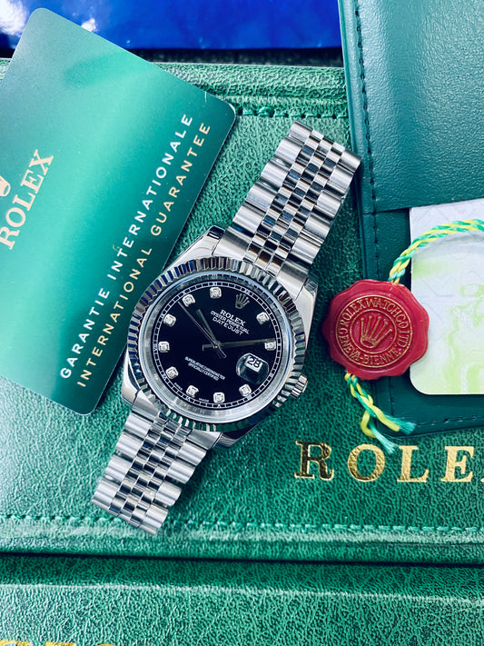 Rolex Datejust Black Dial With Stone Oyster Perpetual Automatic Stainless Steel Chain Men’s Watch