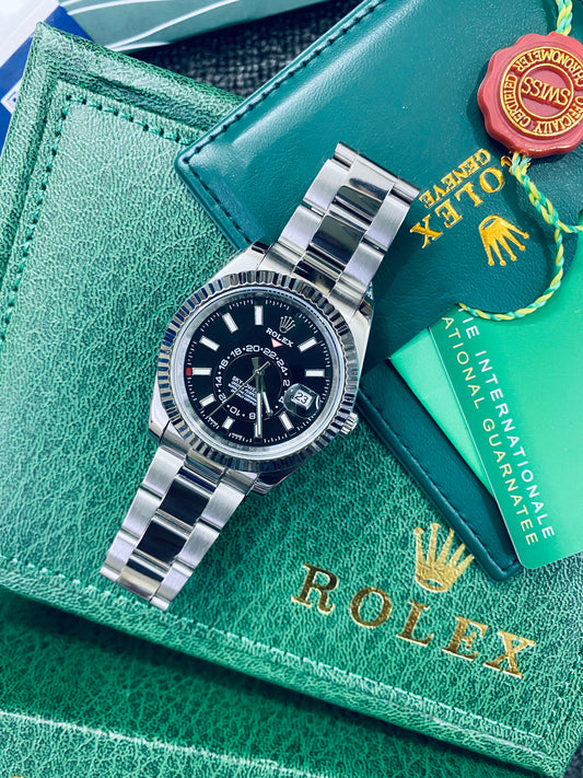 Rolex Sky-dweller Automatic Full Silver Color With Black Dial Stainless Steel Chain Men’s Watch