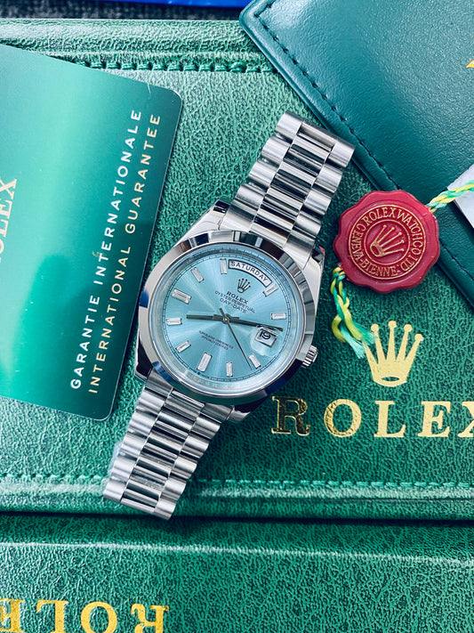 Rolex Day-Date Automatic Full Silver Color With Sky Blue Dial Stainless Steel Chain Men’s Watch