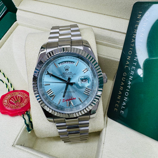 Rolex Day-Date Automatic Full Silver Color With Sky Blue Dial Stainless Steel Chain Men’s Watch