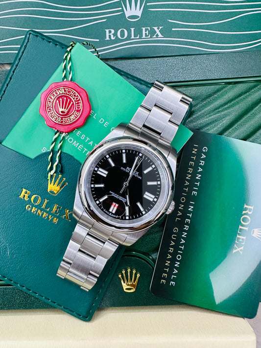 Rolex Oyster Perpetual  Automatic Full Silver Color With Black Dial Stainless Steel Chain Men’s Watch