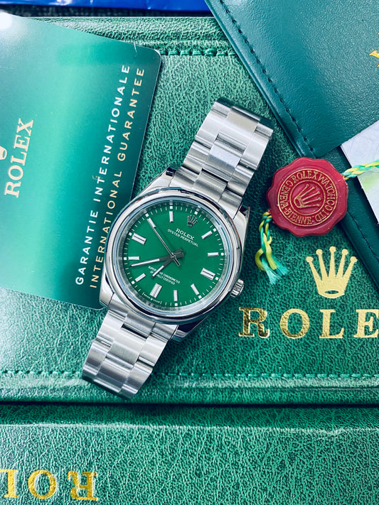 Rolex Oyster Perpetual  Automatic Full Silver Color With Green Dial Stainless Steel Chain Men’s Watch