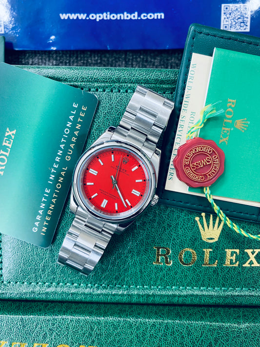 Rolex Oyster Perpetual  Automatic Full Silver Color With Red Dial Stainless Steel Chain Men’s Watch