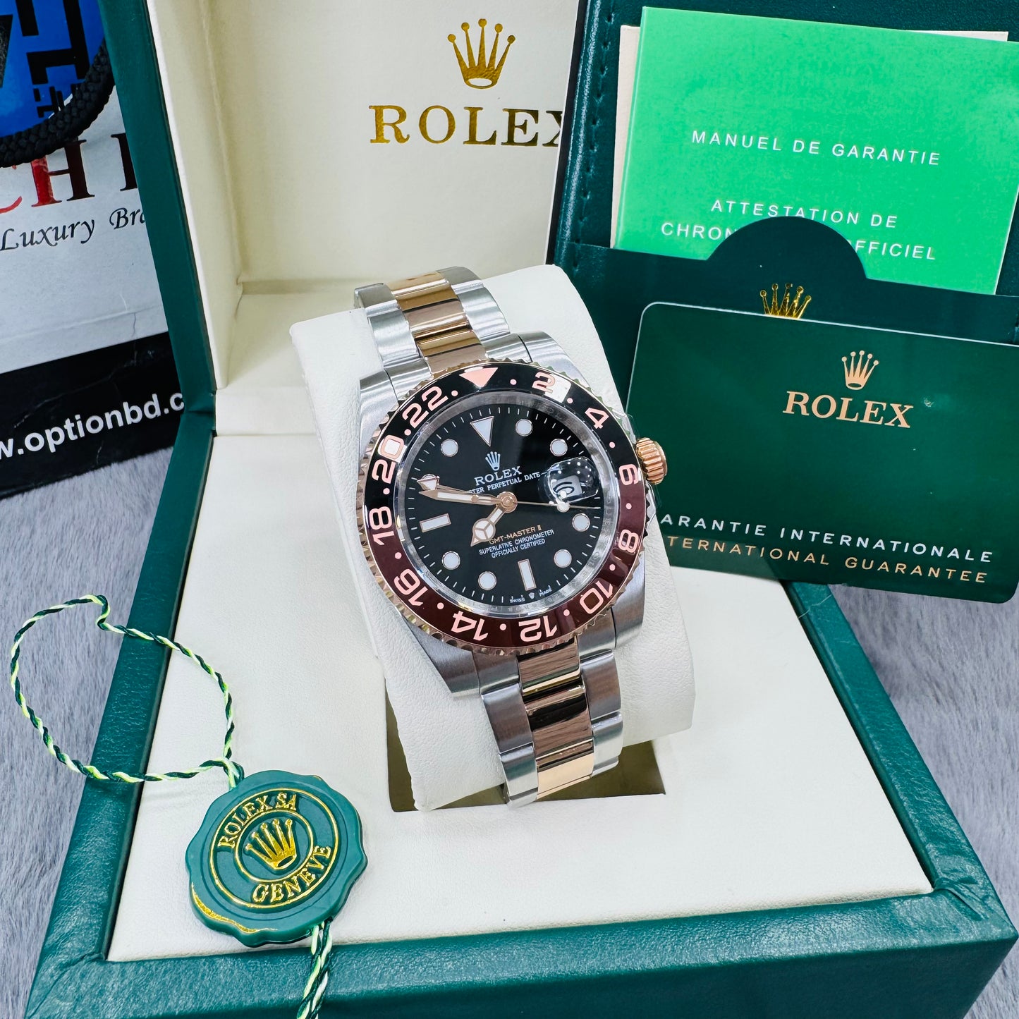 Rolex GMT Master II Root Beer Automatic Two-Tone Black Dial Stainless Steel Chain Men’s Watch