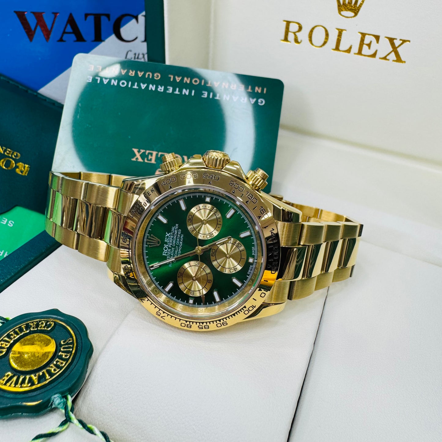Rolex Daytona Oyster Perpetual Full Golden Green Dial Automatic Stainless Steel Chain Men’s Watch
