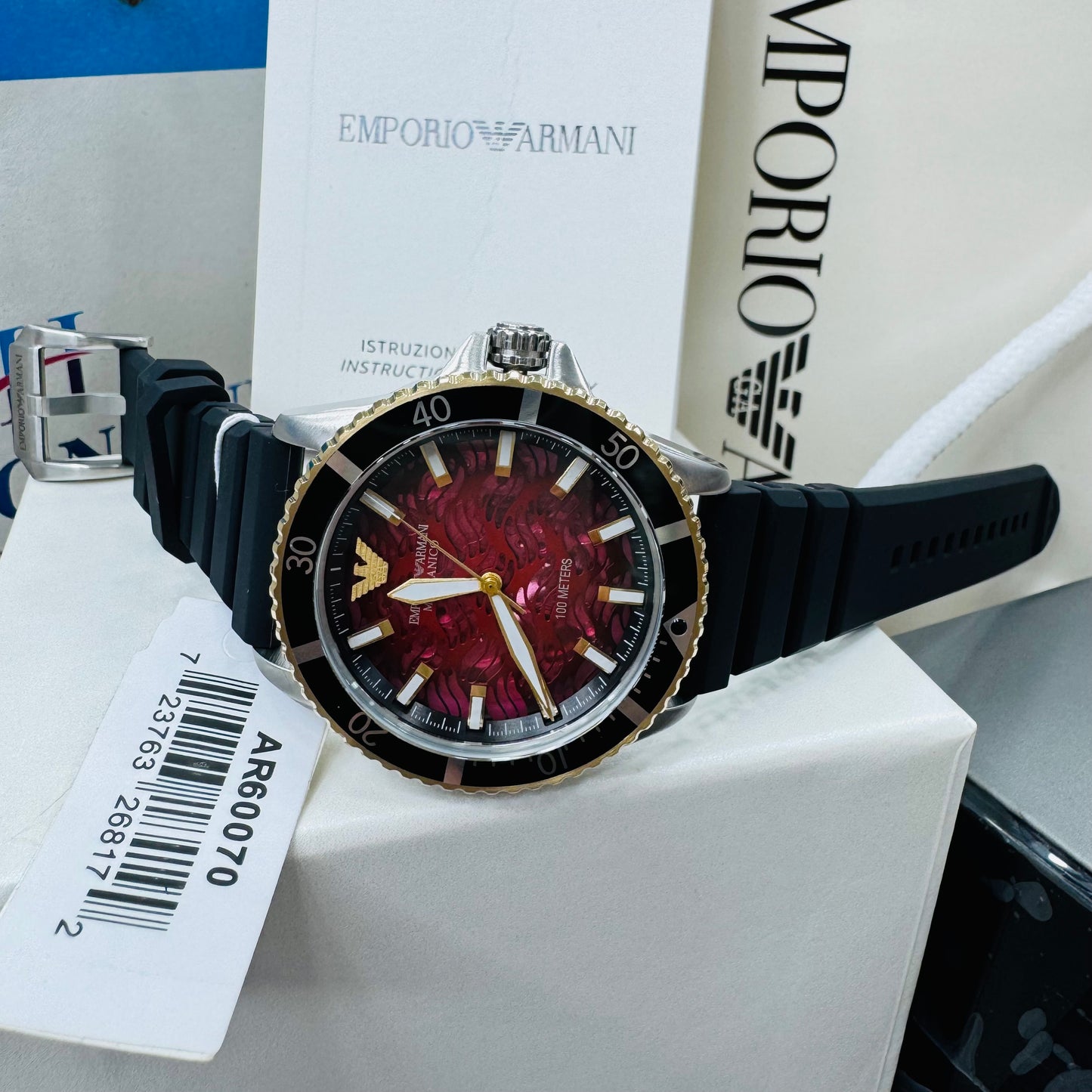 Emporio Armani AR60070 Automatic Black Silicon Strap Maroon Dial Men’s Watch