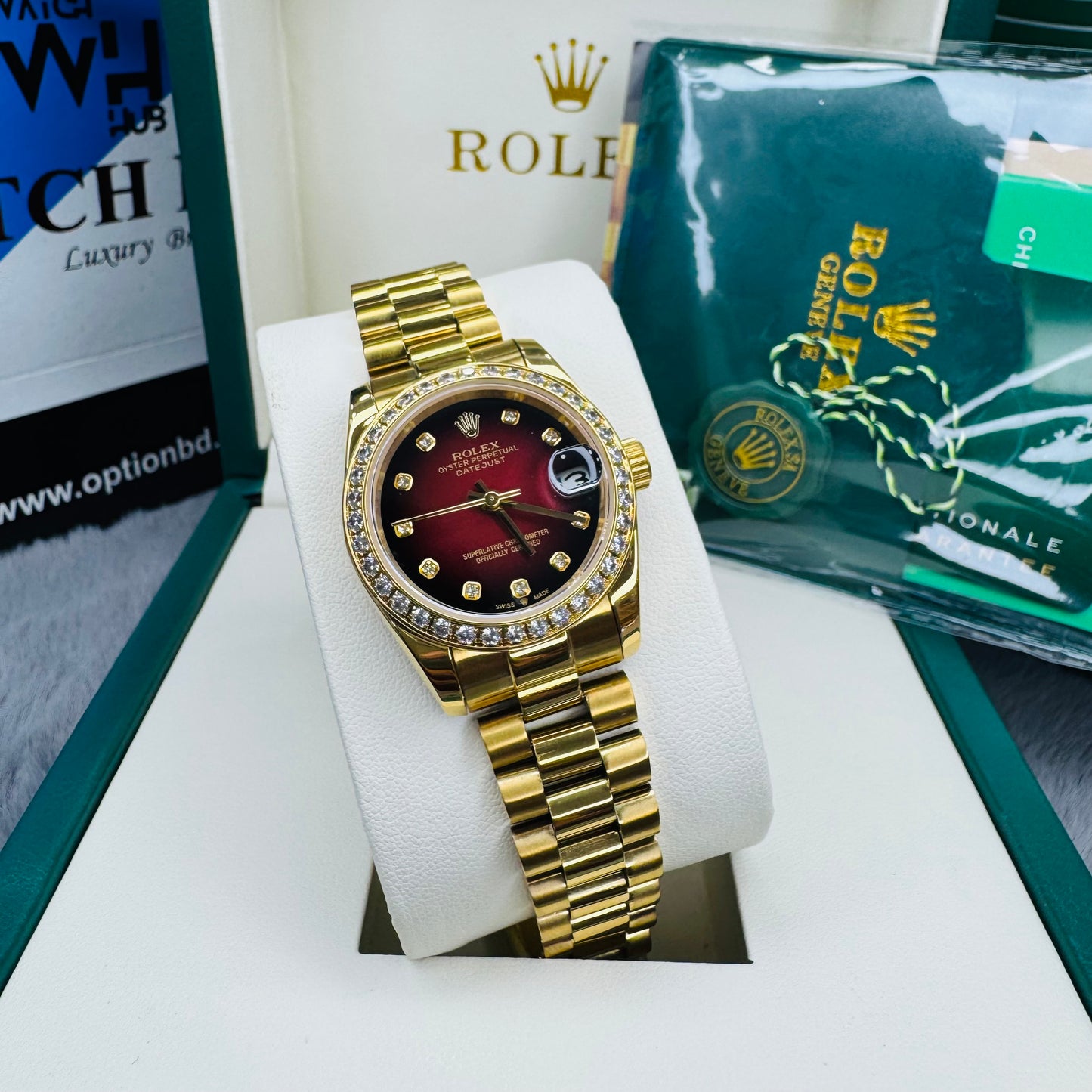 Rolex Lady Date-just Golden Tone Red Dial Automatic Stainless Steel Chain Lady’s Watch