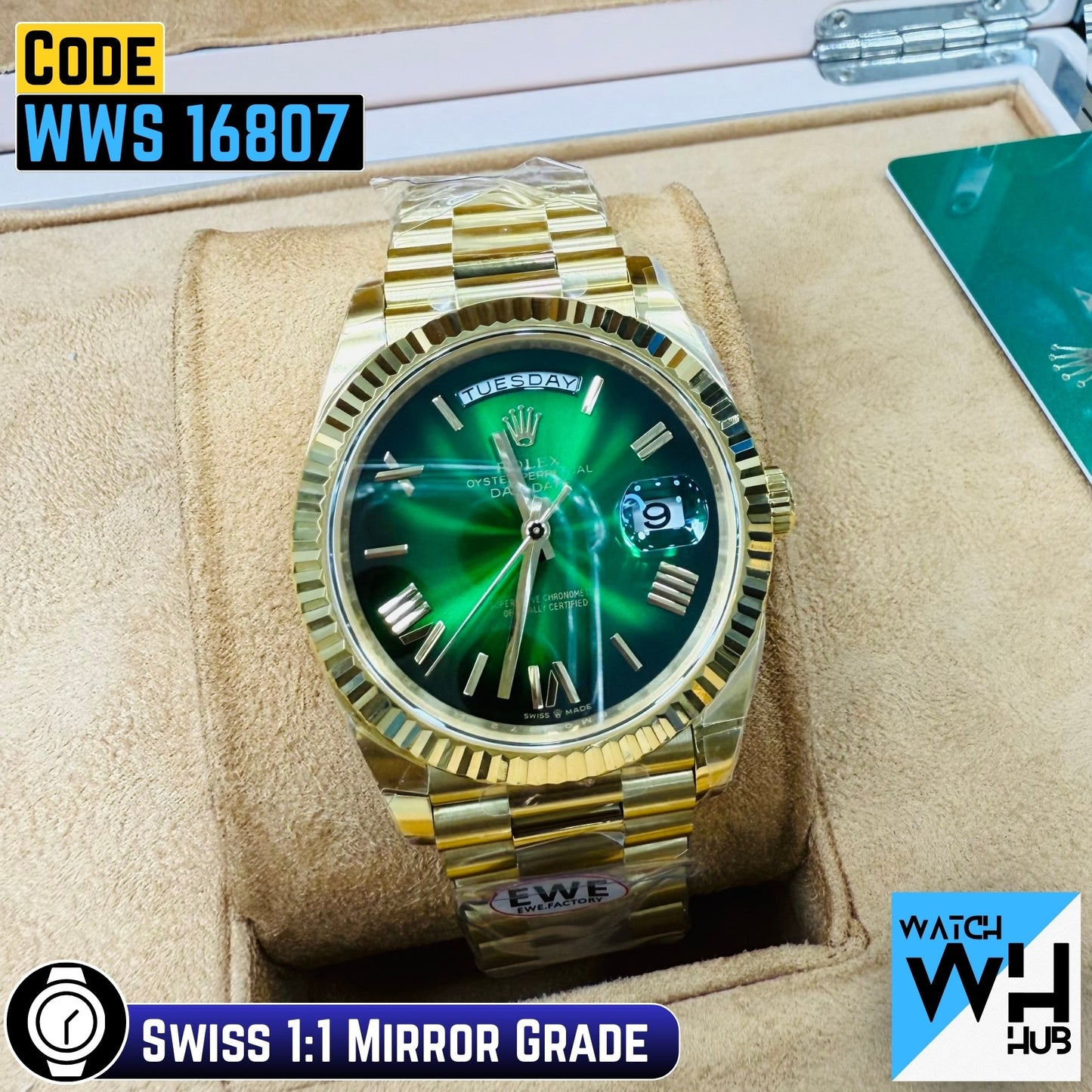 Rolex Day-Date 228238-0069 Yellow Gold Fluted Bezel Green Dial 40mm Swiss 1:1 Mirror Grade Men’s Watch
