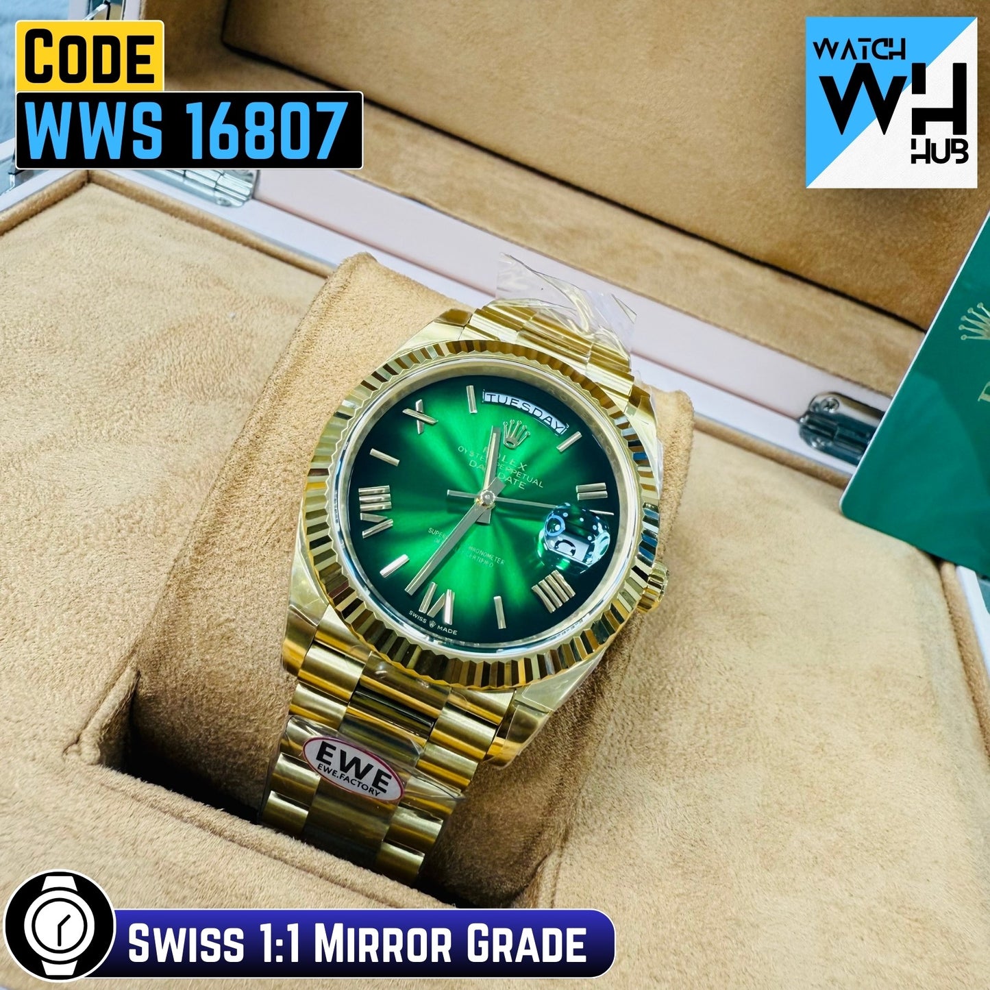 Rolex Day-Date 228238-0069 Yellow Gold Fluted Bezel Green Dial 40mm Swiss 1:1 Mirror Grade Men’s Watch
