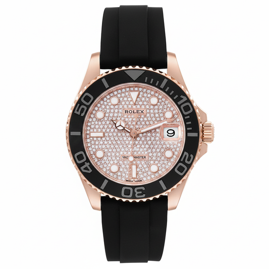Rolex Yacht-Master Automatic Pave Diamond Dial Rose Gold Tone Silicone Stainless Steel Strap Men’s Watch