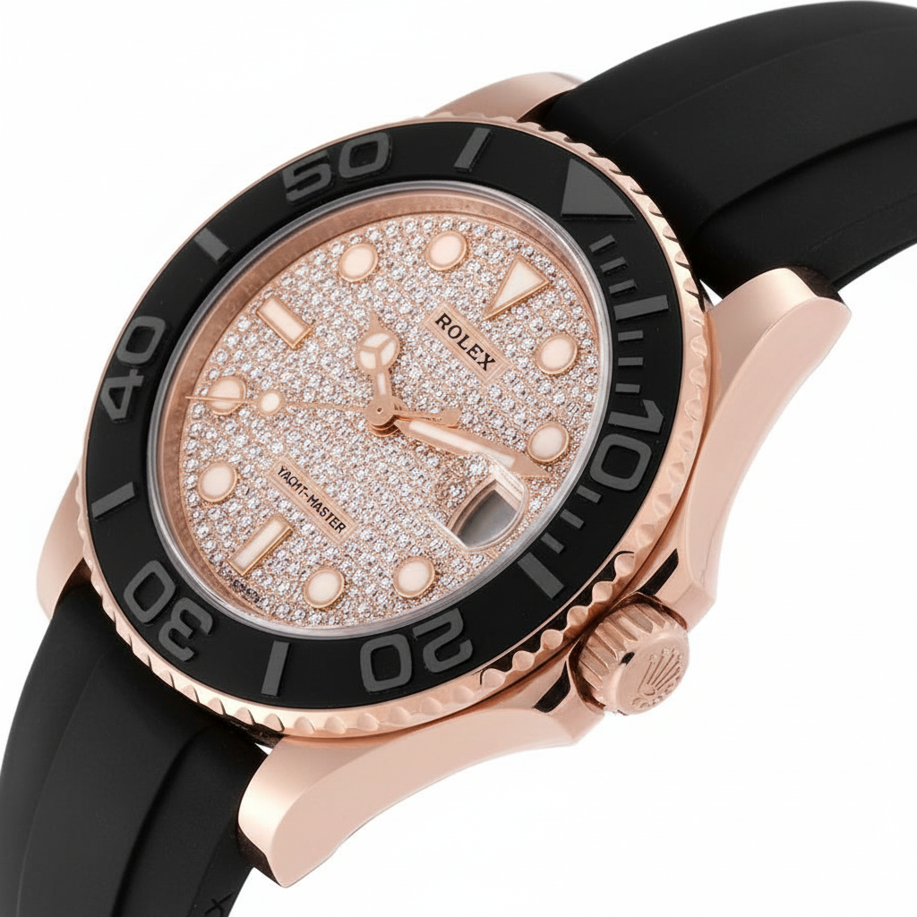 Rolex Yacht-Master Automatic Pave Diamond Dial Rose Gold Tone Silicone Stainless Steel Strap Men’s Watch