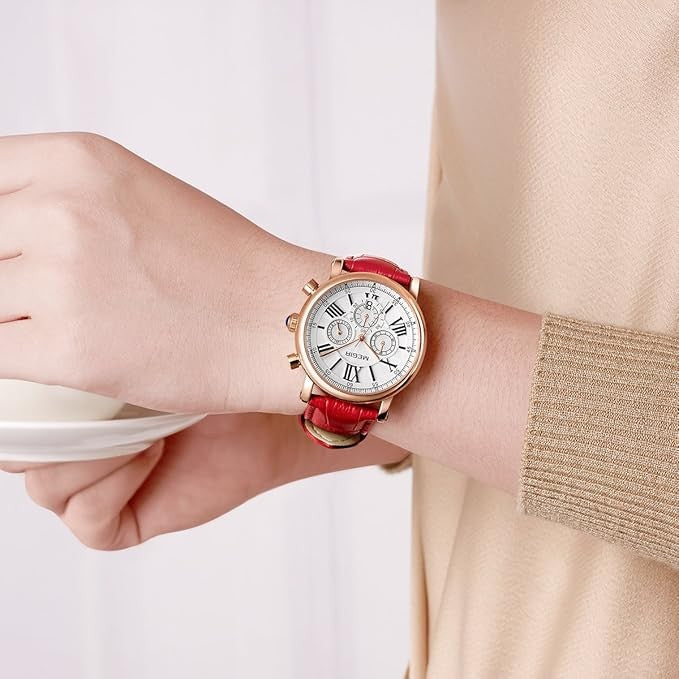 Megir ML2058LRERD-7N0 Chronograph Quartz Red Genuine Leather Strap Women’s watch