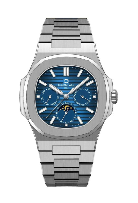 Carnival 8179G Automatic Moon-Phase Blue Dial Silver Tone Stainless Steel Chain Men’s Watch