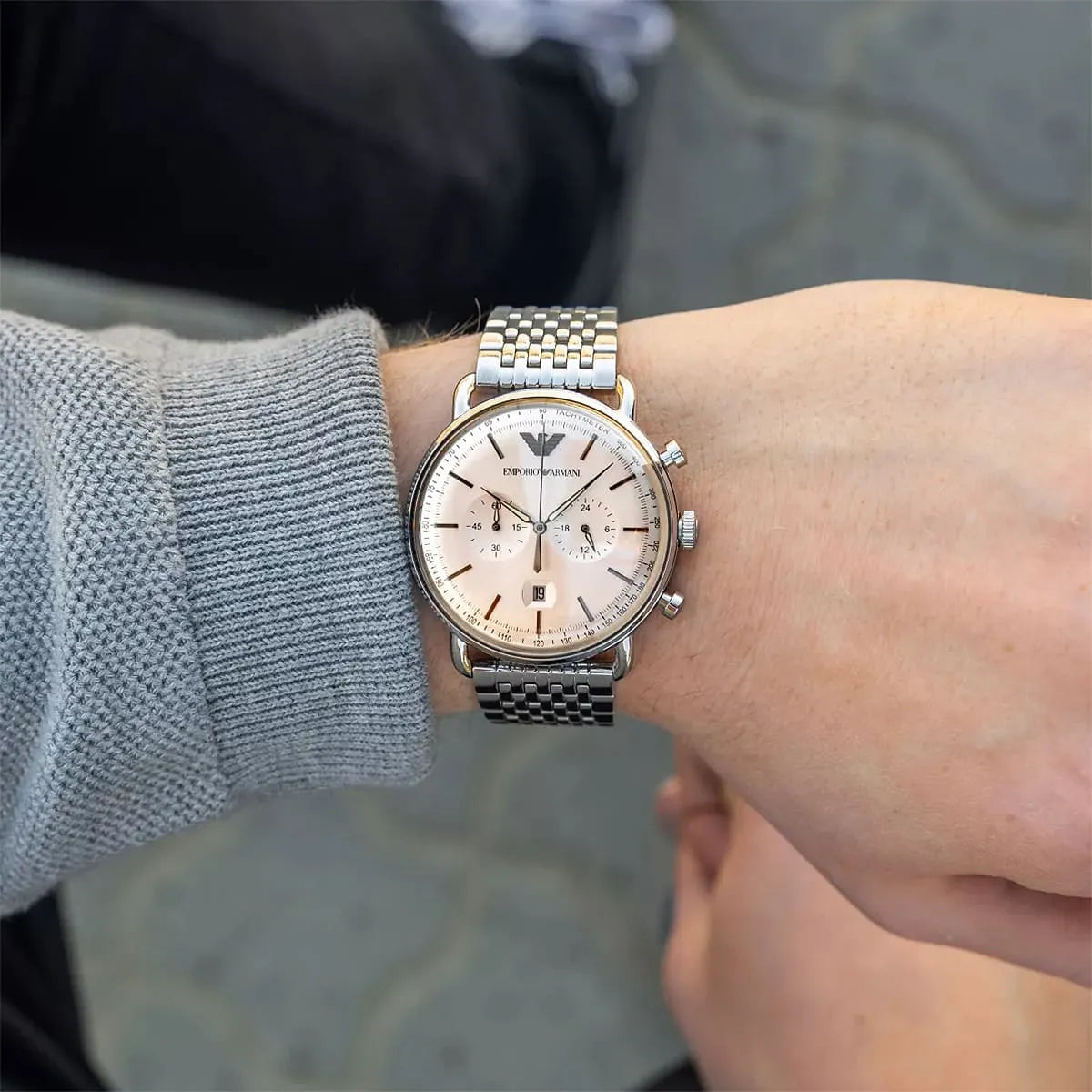 Emporio Armani Aviator AR11239 Chronograph Quartz Beige Dial Stainless Steel Chain Men’s Watch