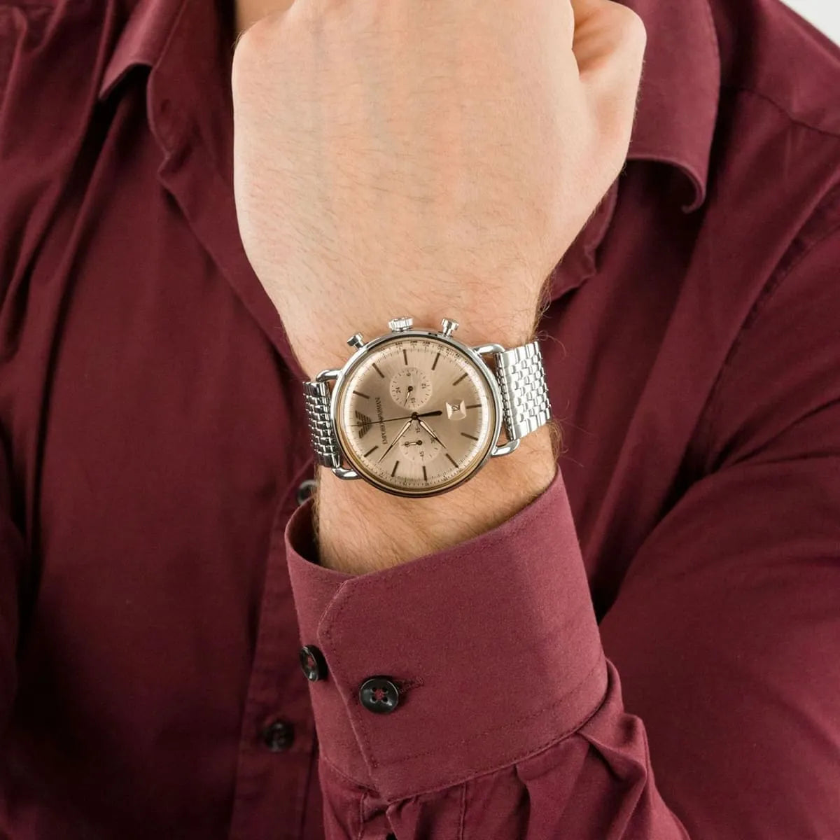 Emporio Armani Aviator AR11239 Chronograph Quartz Beige Dial Stainless Steel Chain Men’s Watch