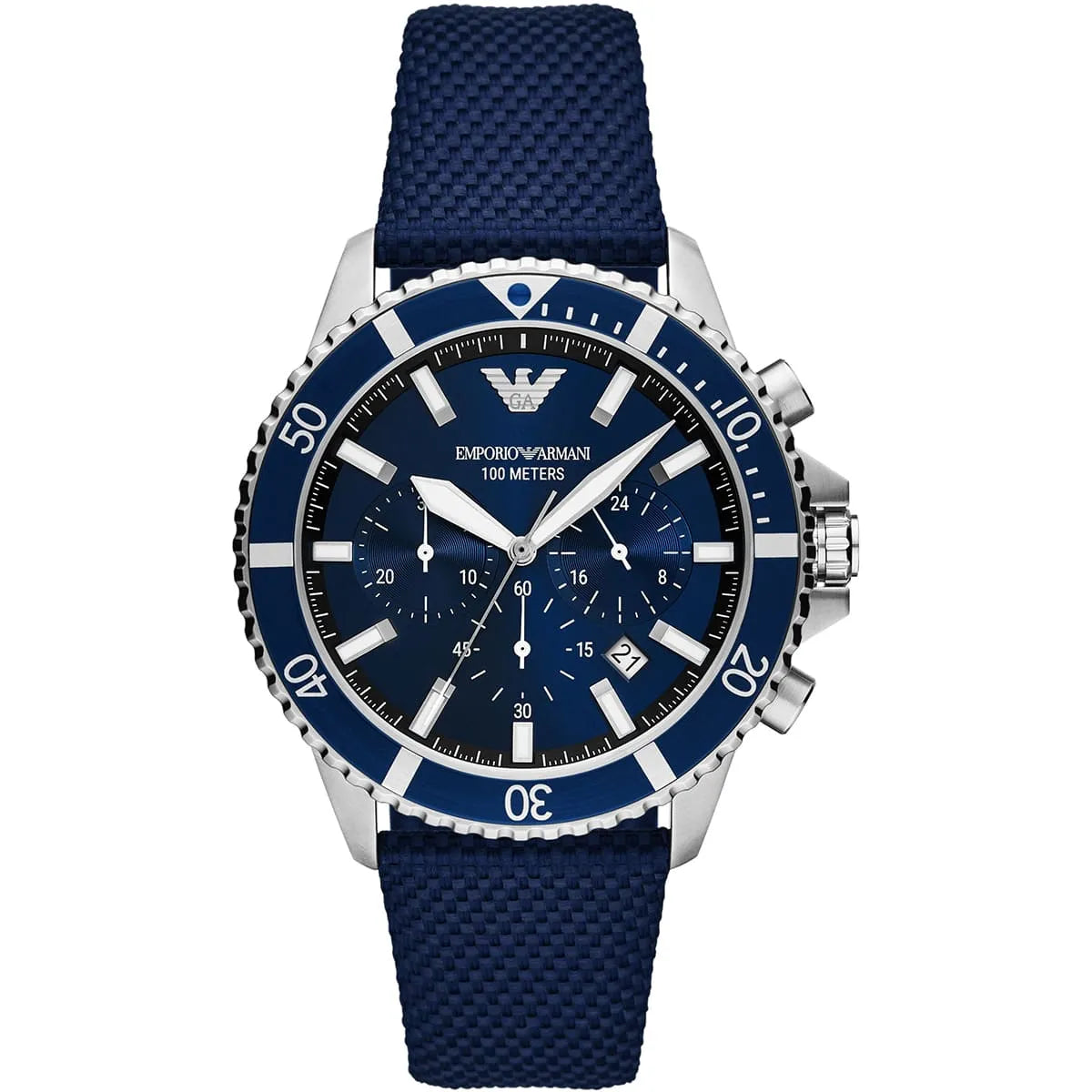 Emporio Armani AR11588 Chronograph Quartz Blue Dial Stainless Steel Silicon Strap Men’s Watch