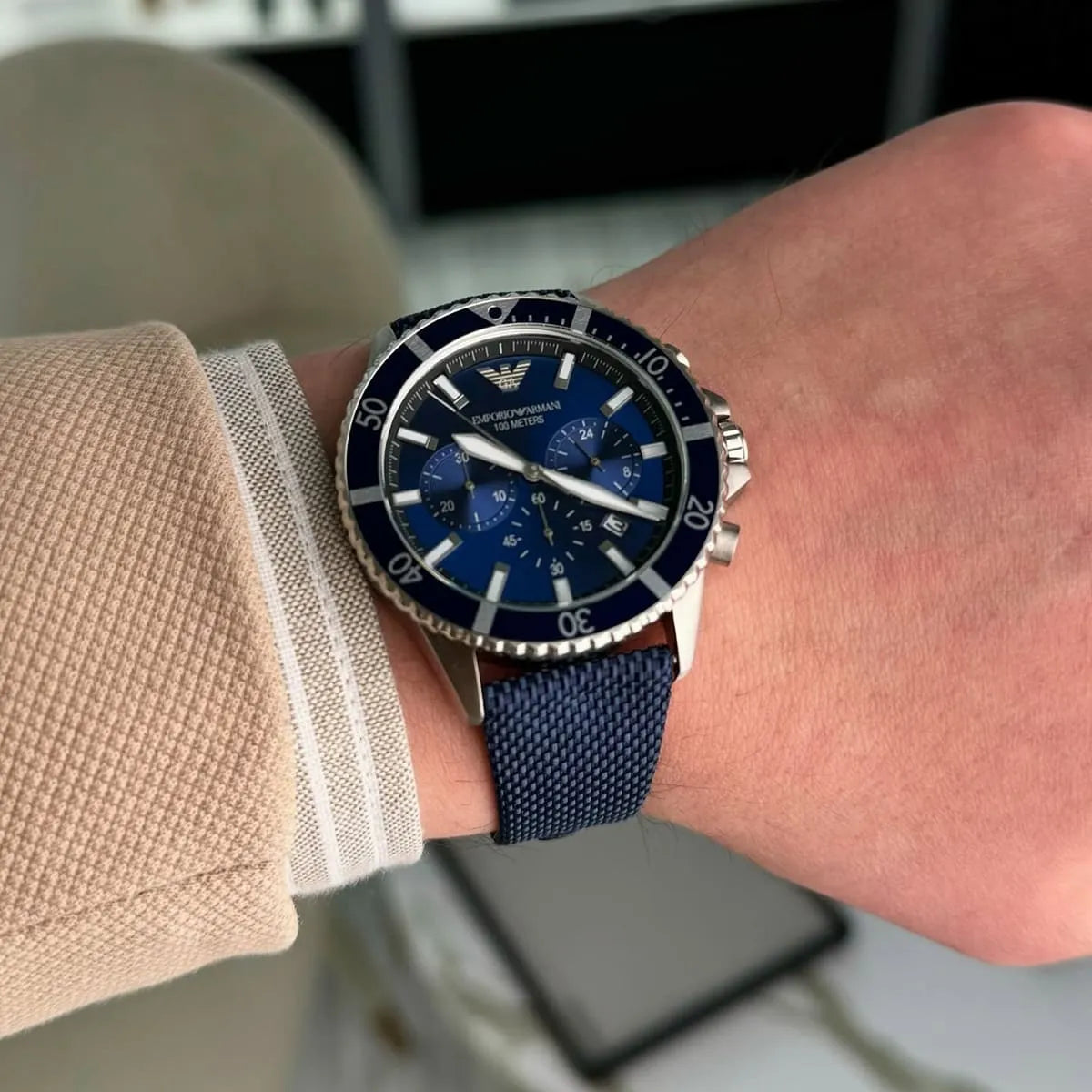 Emporio Armani AR11588 Chronograph Quartz Blue Dial Stainless Steel Silicon Strap Men’s Watch