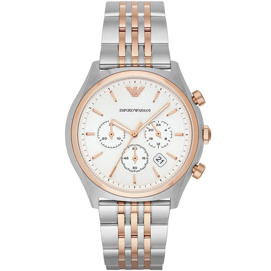 Emporio Armani Zeta AR1998 Chronograph Quartz White Dial Two-Tone Stainless Steel Chain Men’s Watch