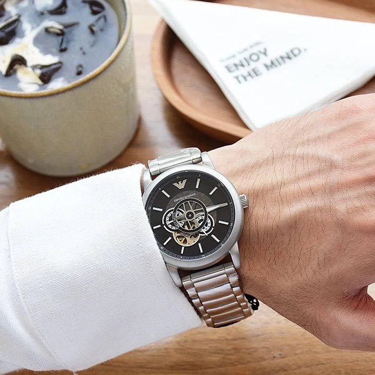 Emporio Armani AR60021 Automatic Silver-Tone Black Dial Stainless Steel Chain Men’s Watch