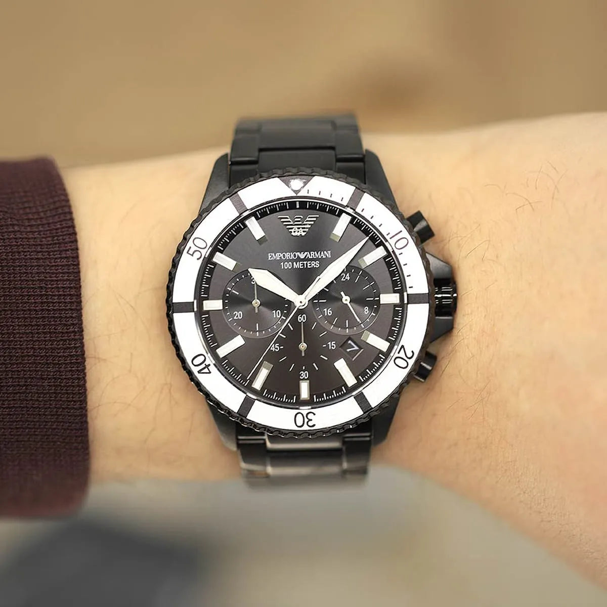 Emporio Armani Diver AR80050 Chronograph Quartz Black Dial Stainless Steel Chain Men’s Watch