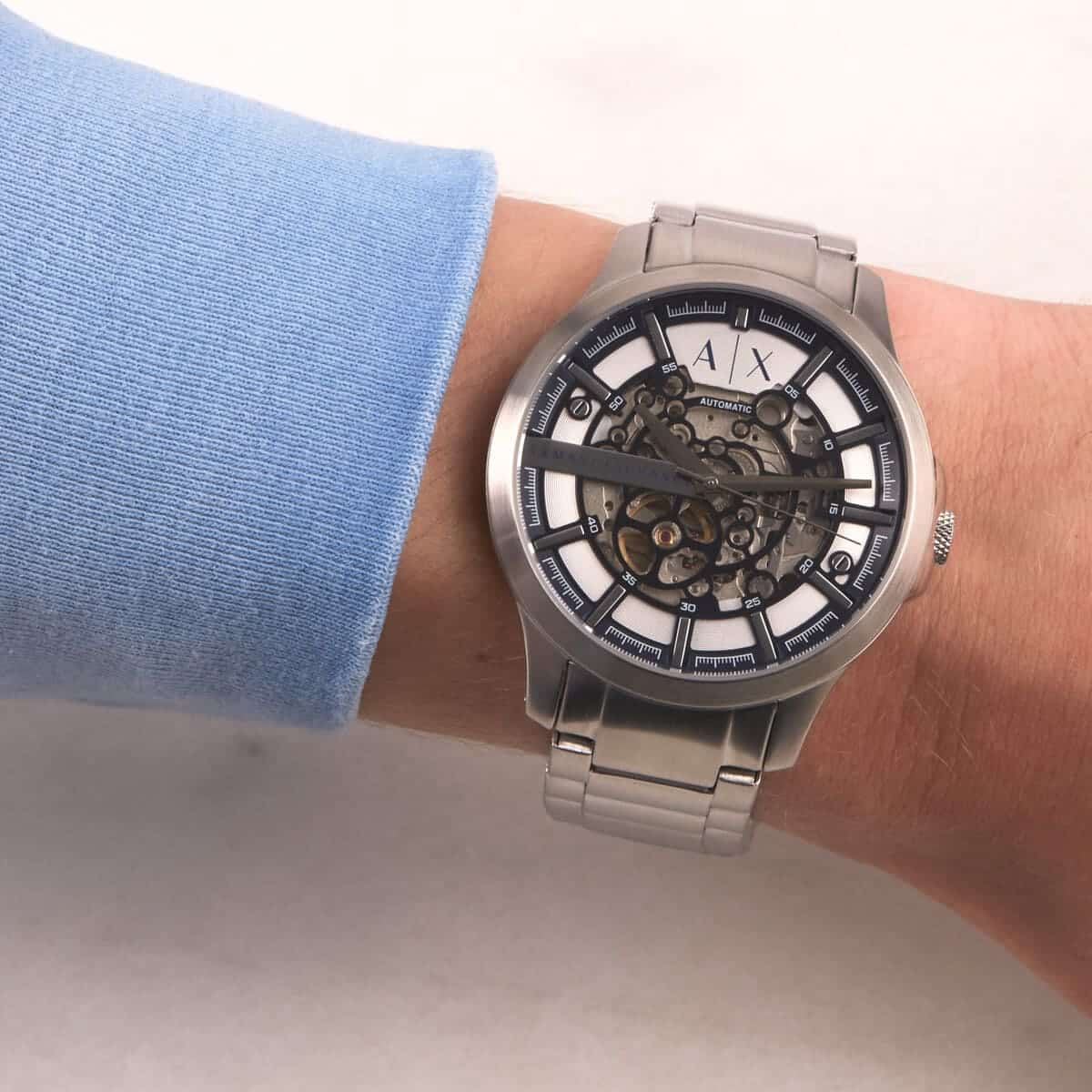 Armani Exchange Hampton AX2416 Automatic "Skeleton Dial" Full Silver-Tone Stainless Steel Chain Men’s Watch