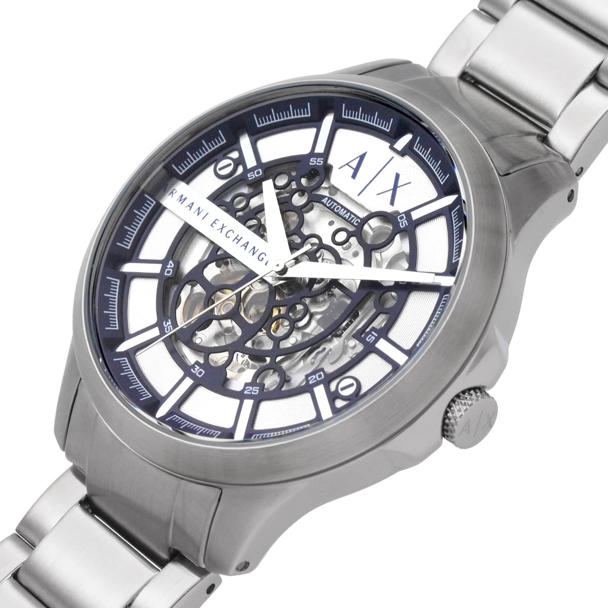 Armani Exchange Hampton AX2416 Automatic "Skeleton Dial" Full Silver-Tone Stainless Steel Chain Men’s Watch