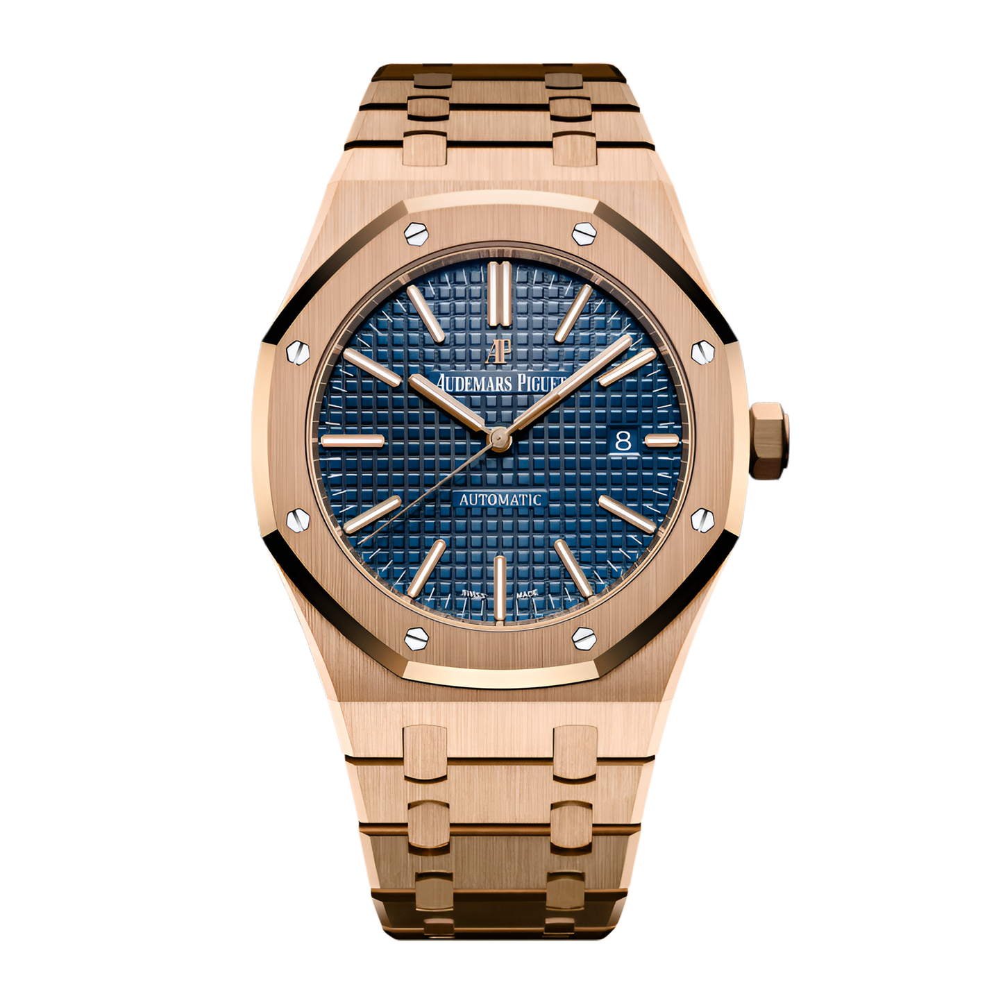 Audemars Piguet Royal Oak Automatic Rose Gold Tone Blue Dial Stainless Steel Chain Men's Watch