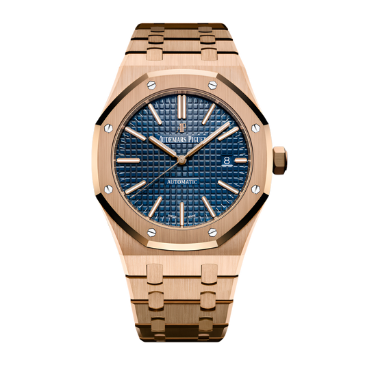 Audemars Piguet Royal Oak Automatic Rose Gold Tone Blue Dial Stainless Steel Chain Men's Watch