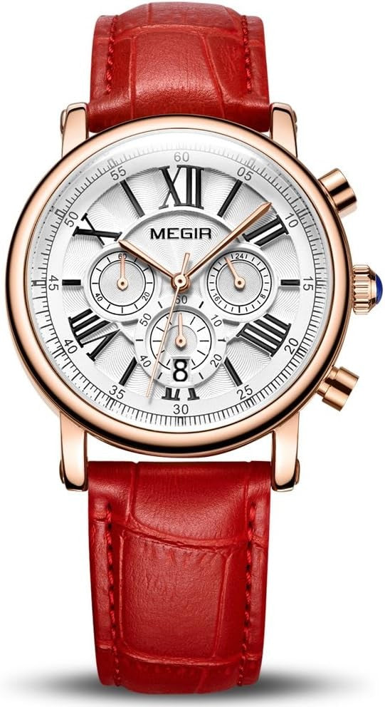 Megir ML2058LRERD-7N0 Chronograph Quartz Red Genuine Leather Strap Women’s watch