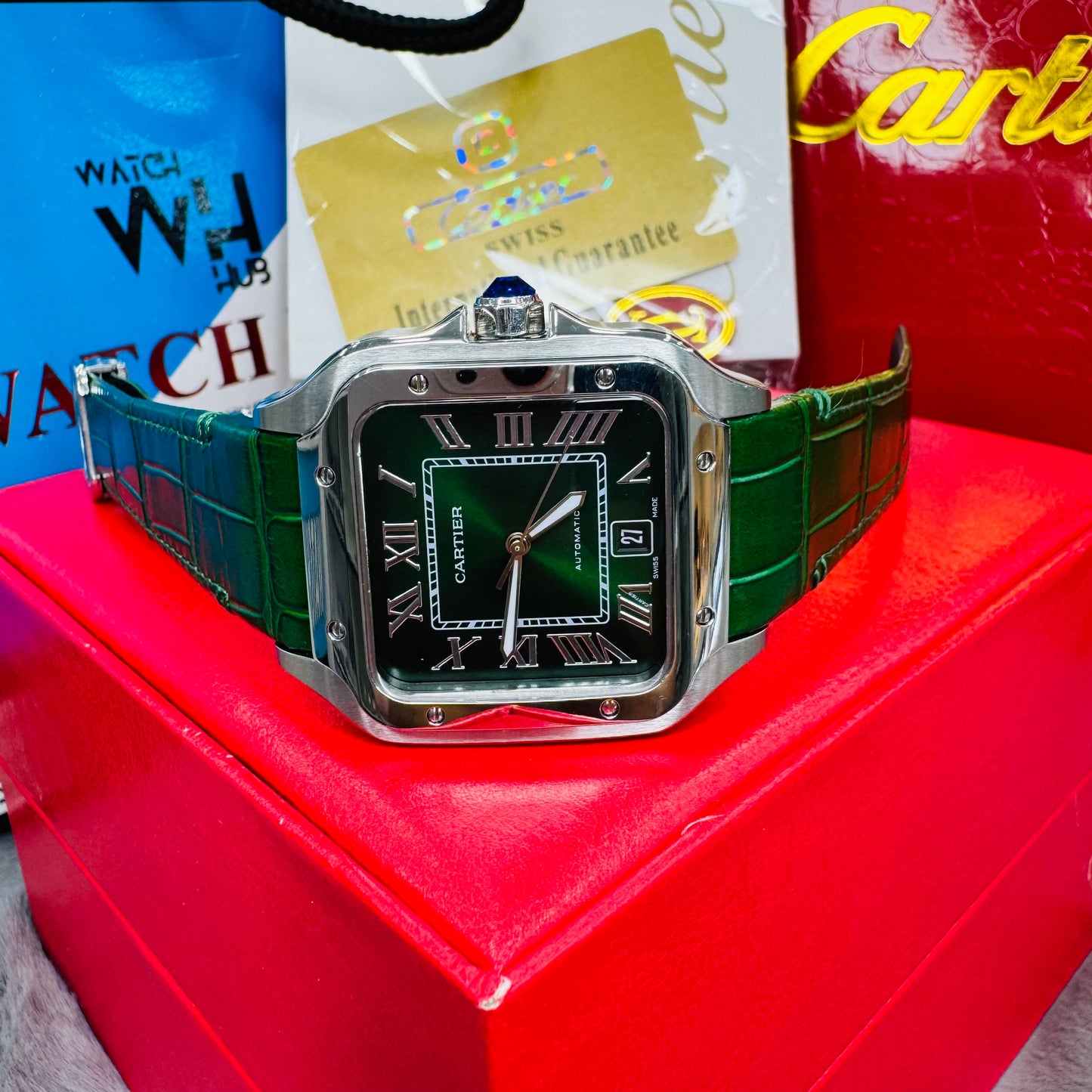 Car-tier Santos "Smoky Green" Dial Automatic Stainless Steel Genuine Leather Strap Men’s Watch