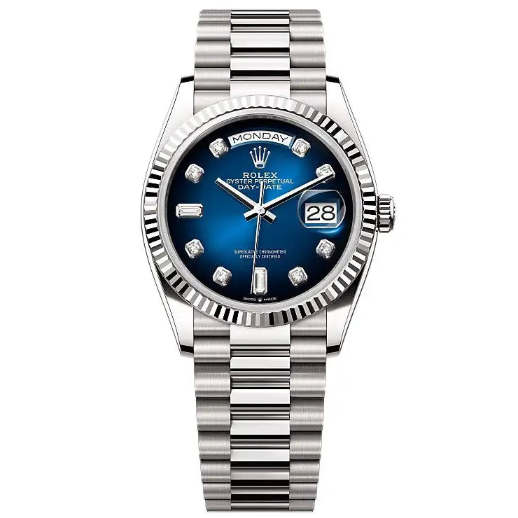 Rolex Day-Date 36mm Oyster Silver Tone ( ref. m128239-0023 ) Automatic "Ombré Blue Dial" President Bracelet 1:1 Swiss Grade Unisex/Men's Watch
