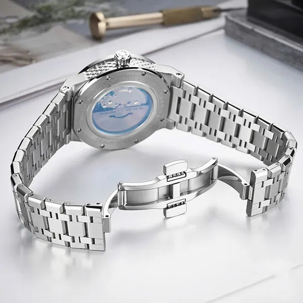 Carnival 8157G Automatic Skeleton Blue Dial Silver Tone Stainless Steel Chain Men’s Watch