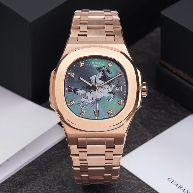 Carnival 8160G Automatic "Dark Mother-of-Pearl" Dial Rose Gold Tone Stainless Steel Chain Men’s Watch