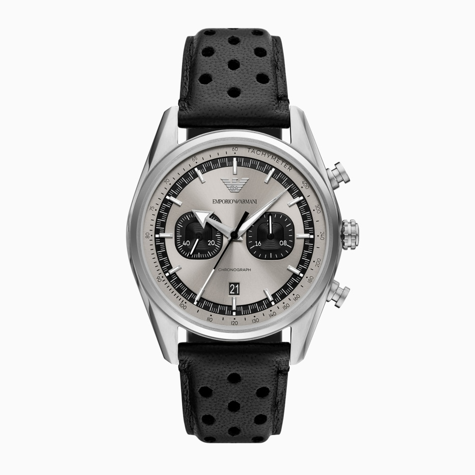 Emporio Armani Racer AR11677 Chronograph Quartz Silver Dial Genuine Leather Strap Men’s Watch