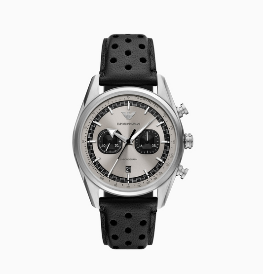 Emporio Armani Racer AR11677 Chronograph Quartz Silver Dial Genuine Leather Strap Men’s Watch