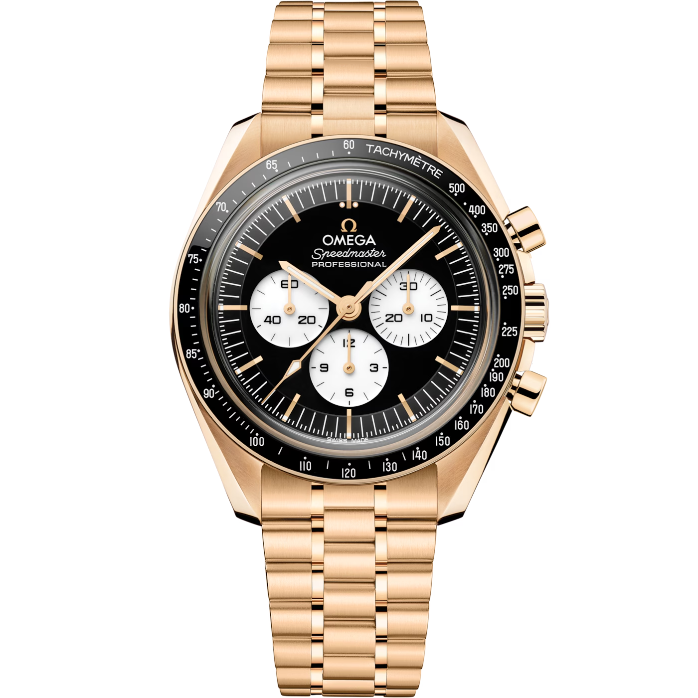 Omega Speedmaster Reverse Panda Chronometer Automatic Golden Tone Stainless Steel Chain Men's Watch