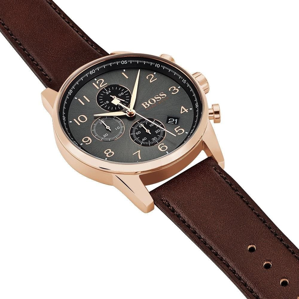Hugo Boss Navigator HB1513496 Chronograph Quartz Grey Dial Genuine Leather Strap Men’s Watch