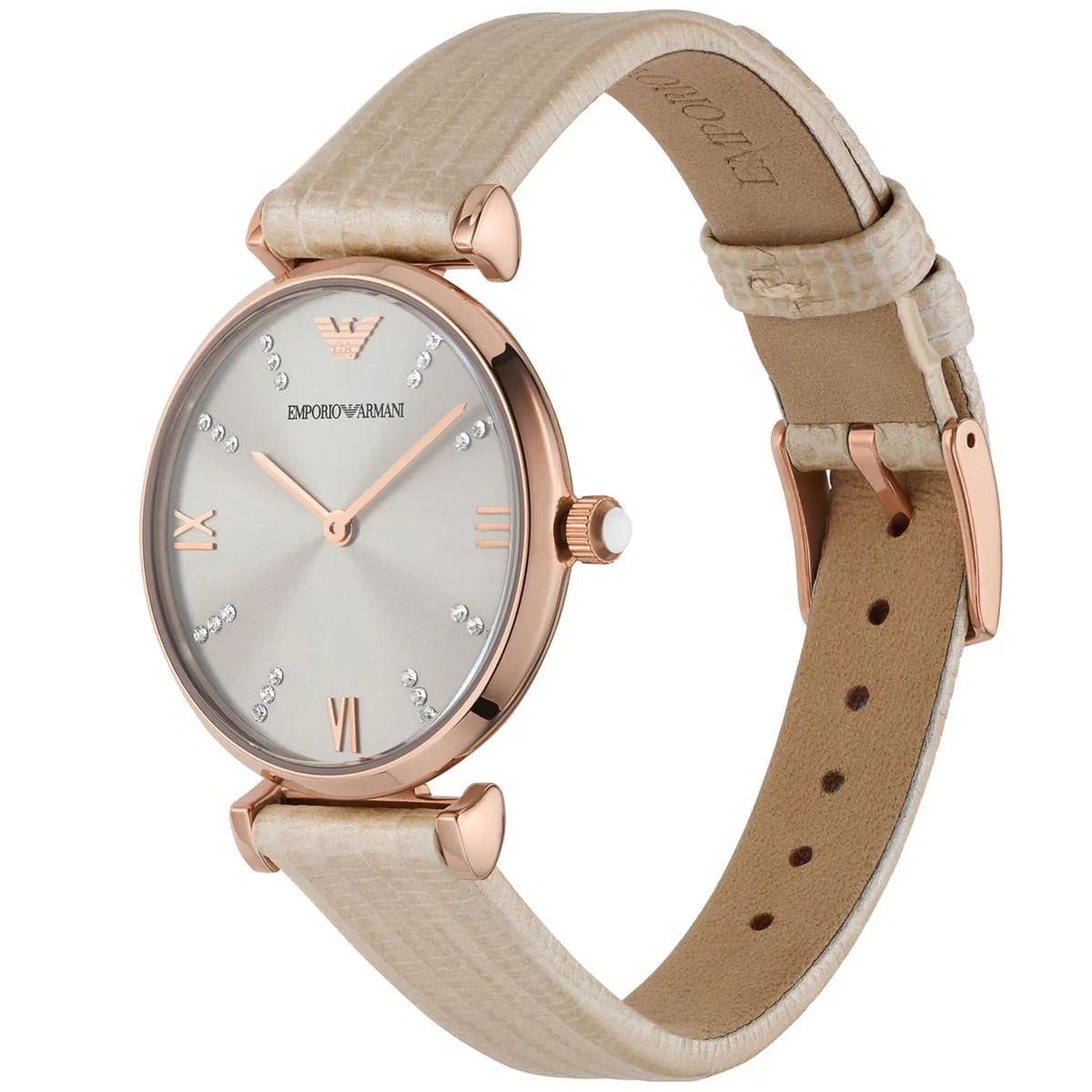 Emporio Armani Gianni T-Bar AR1840 Quartz Beige Dial Original Leather Strap Ladies Watch