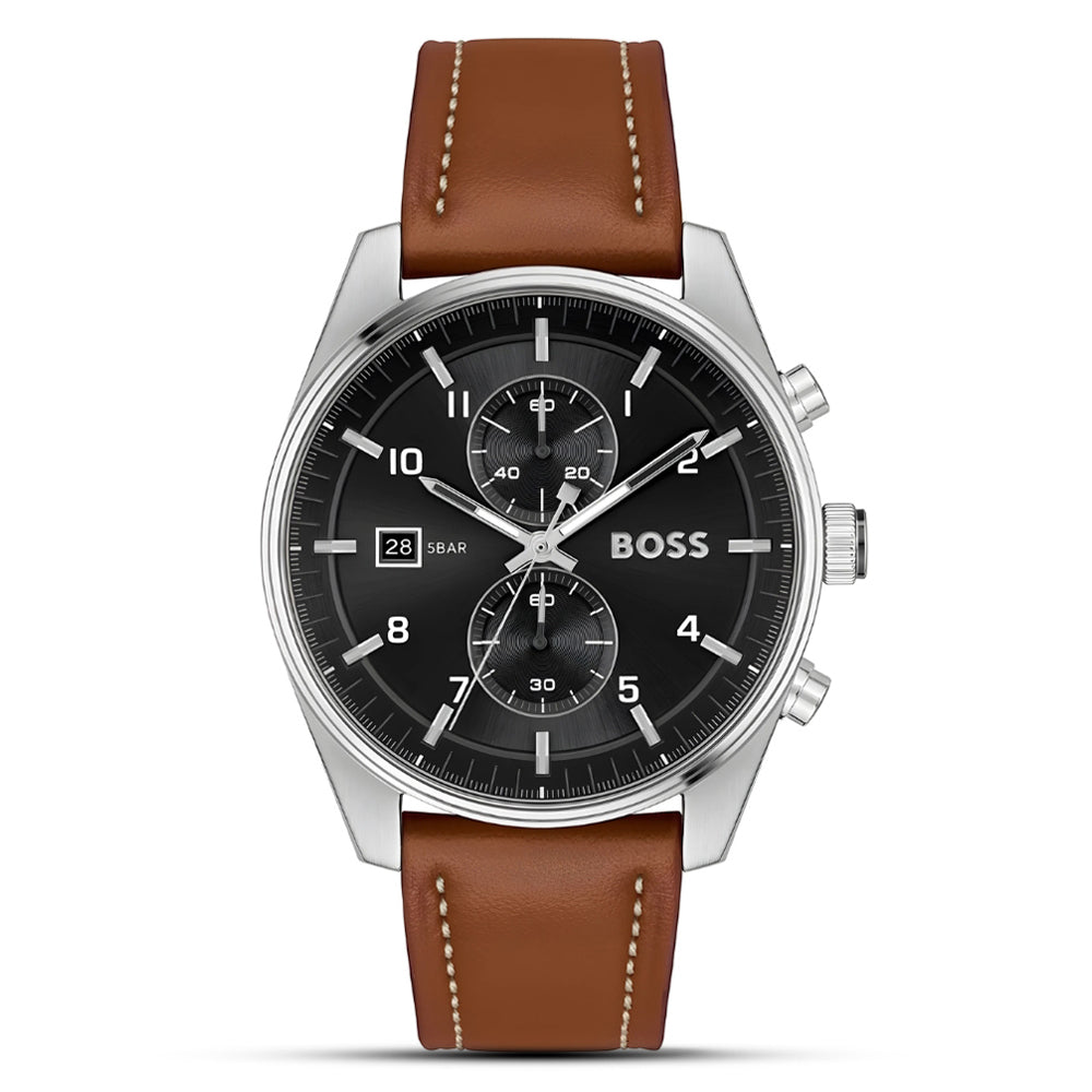 Hugo Boss Sky-Traveller HB1514161 Chronograph Quartz Genuine Leather Strap Men’s Watch