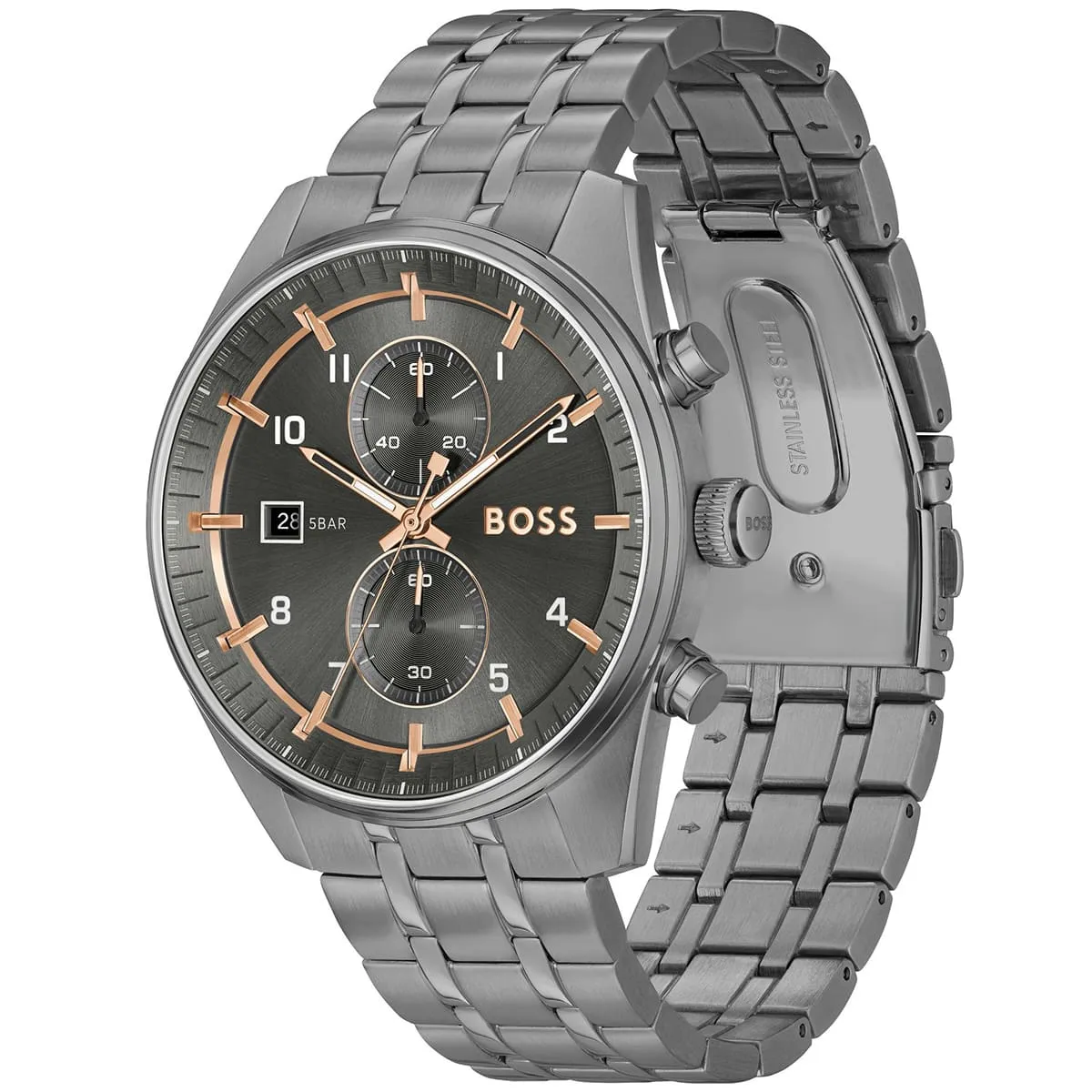 Hugo Boss Sky-Traveller HB1514153 Chronograph Quartz Metallic Grey Dial Stainless Steel Chain Men’s Watch